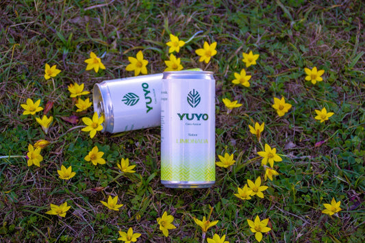 Yuyo energia natural a base de yerba mate sabor limonada en el pasto con flores amarillas